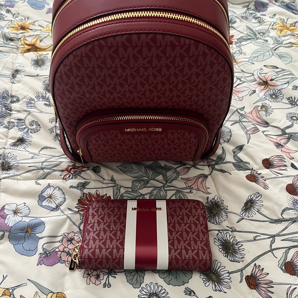 Michael Kors Burgundy Backpack and Wallet Set
